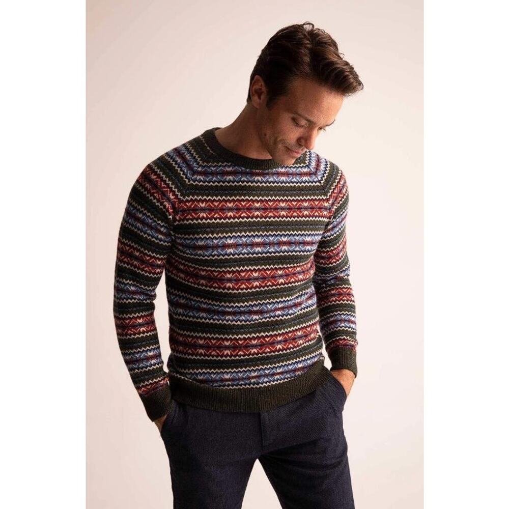 J.CREW Men's Lambswool-Blend Fair Isle Crewneck Sweater Size XXL In Olive Noah